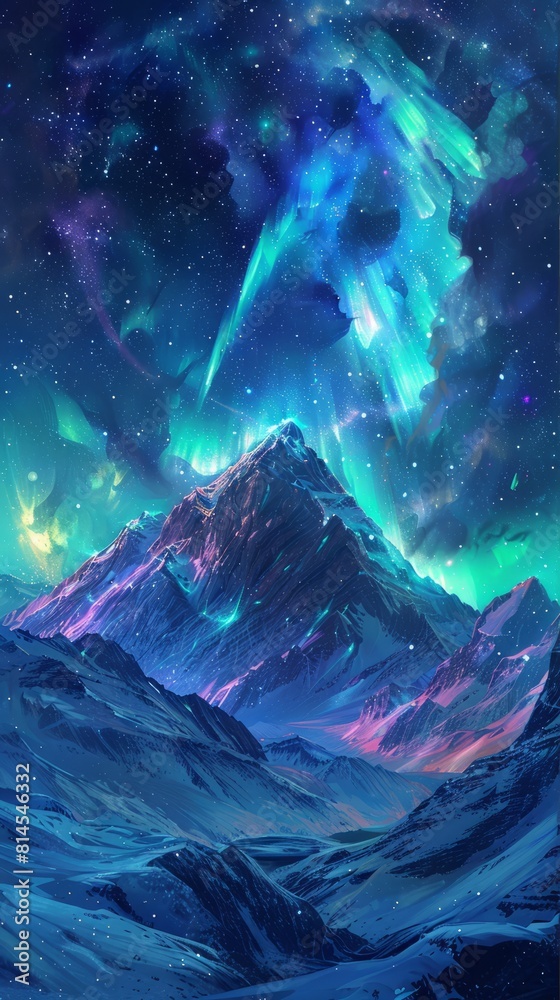 Obraz premium Breathtaking view of the Northern Lights dancing across a star-filled night sky, above a serene, snow-covered mountainous
