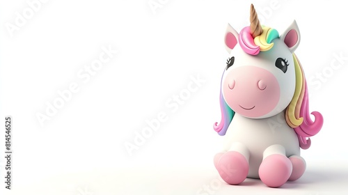 3D rendering of a cute and colorful unicorn. The unicorn is sitting on a white background and has a rainbow mane and tail.