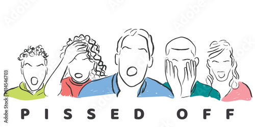 Hand drawn line art vector of people angry and pissed off. Frustration in general public concept.