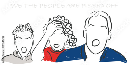 Hand drawn line art vector of people angry and pissed off. Frustration in general public concept.