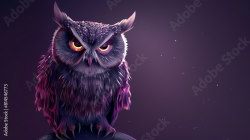 A beautiful illustration of a purple owl with yellow eyes. The owl is sitting on a branch in front of a dark purple background. photo