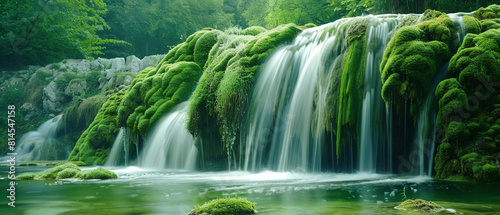 Serene waterfall flows peacefully over textured moss-covered rocks in a tranquil natural setting.