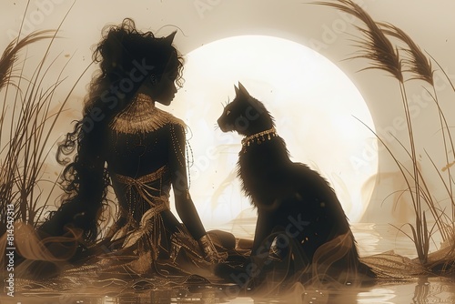 Egyptian queen Cleopatra and black cat illustration