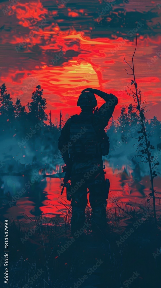 Silhouette Of A Solider Saluting Against the Sunrise. Neural network AI generated art