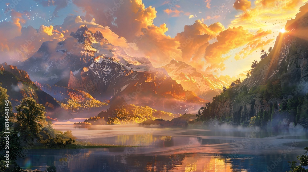 Fantastic panoramic view of the mountains reflected in the lake Fantastic panoramic view of the mountains reflected in the lake