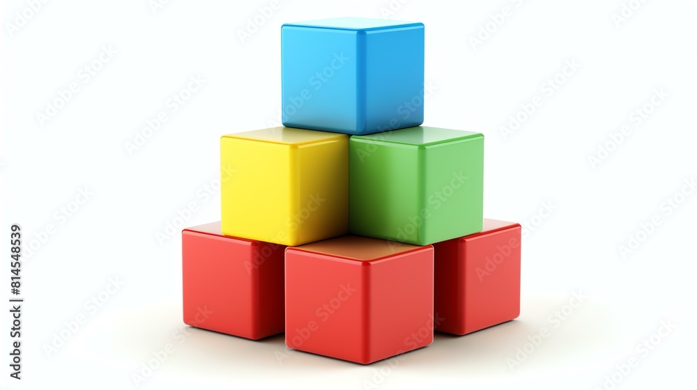 3D rendering of a colorful toy blocks stacked in a pyramid shape. The ...