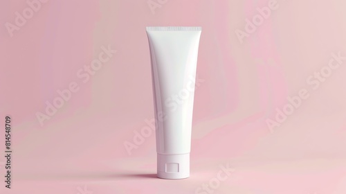 3D rendering illustration of a blank white plastic tube of cream or gel on a pink background. The tube is unlabeled and has a shiny surface. photo