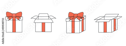 a set of images of gift boxes. a box with a bow, an open box. Flat and in isometry 