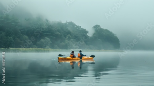 Two people kayaking on a lake on a foggy day. The yellow kayak glides silently through the water, surrounded by the ethereal mist.