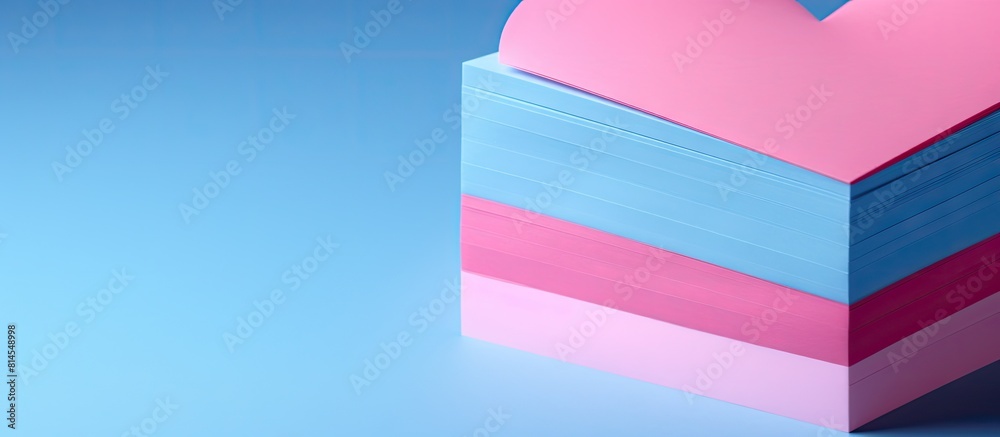 A colorful stack of heart shaped sticky notes featuring a pink one on top The pink note has an empty space and the background is blue with an additional blank area on the right for copy space image
