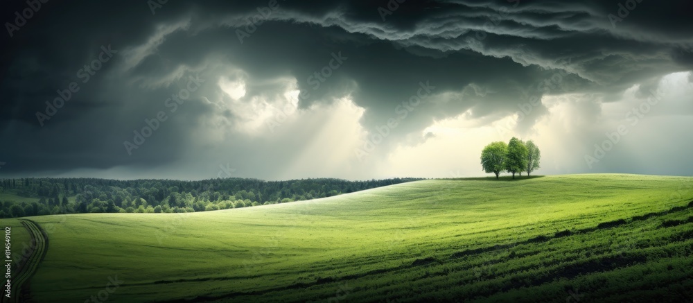 Fototapeta premium A dramatic sky looms over a hillside where a plowed field and a field with green manure are adjacent creating a captivating scene for a copy space image