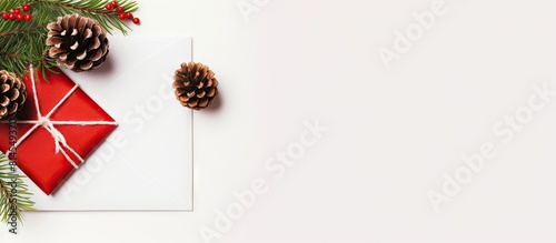 A red envelope adorned with a pine branch and candy cane is placed on a white background Surrounding it are Christmas tree decorations and a pine cone leaving room for additional content