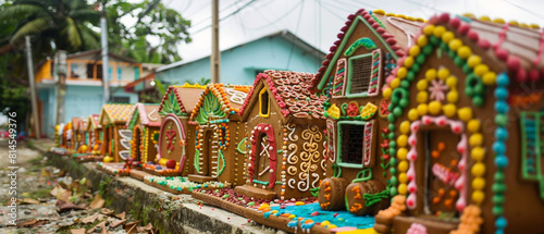 Colorful Trinidadian gingerbread houses lined up on a street in the Port of Spain. photo