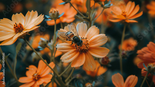Bee wasp sitting on orange beautiful flower collet
