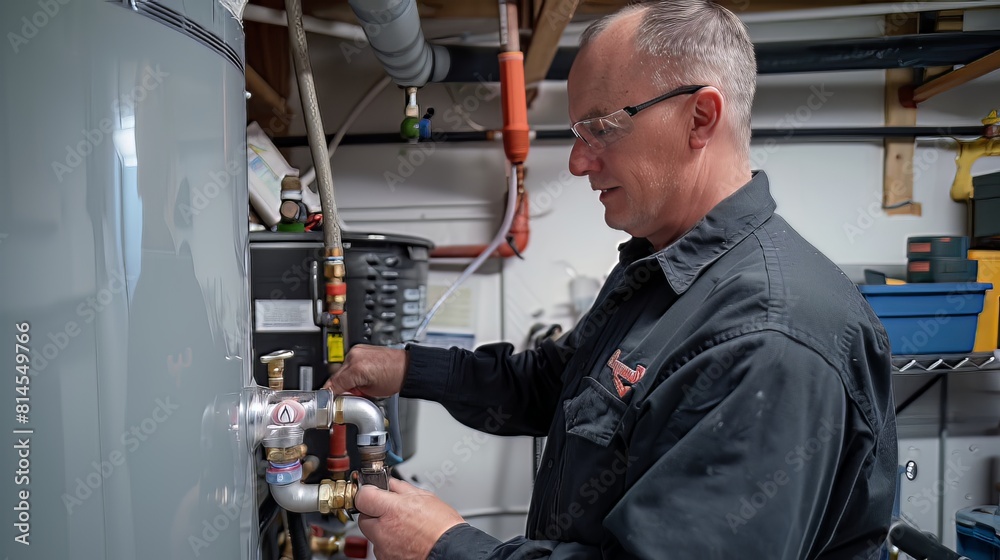 Plumber Installing a Water Heater: In a utility room, a plumber installs a new water heater, carefully connecting pipes and ensuring proper ventilation to guarantee efficient and safe operation Plumber Installing a Water Heater: In a utility room, a plumber installs a new water heater, carefully connecting pipes and ensuring proper ventilation to guarantee efficient and safe operation