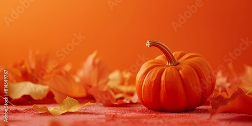 One pumpkin on an orange background. A banner with a copy space for text for autumn holidays - Halloween  Thanksgiving  harvest celebrations