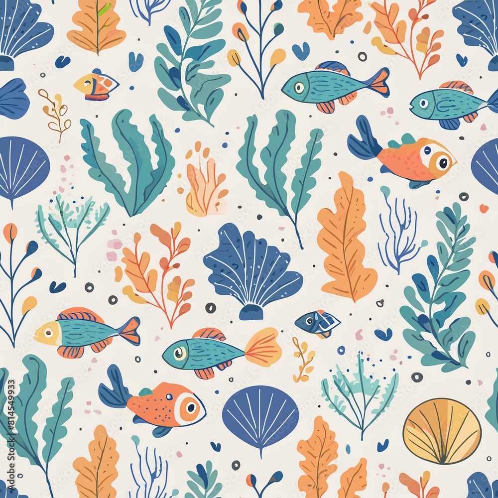Obraz premium a pattern showcasing underwater marine life, including fish, coral, and seaweed, with a harmonious blend of blues and greens.