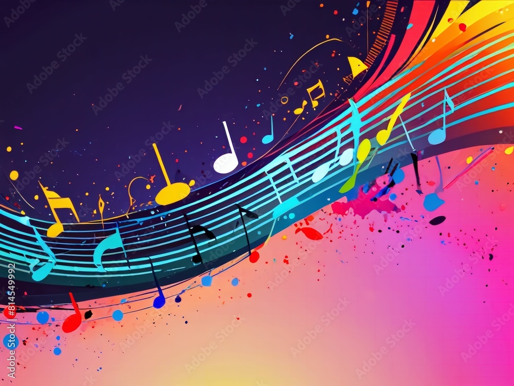 Obraz premium Abstract illustration of musical background with music notes and colorful wavy lines. Concept of the background and backdrop.