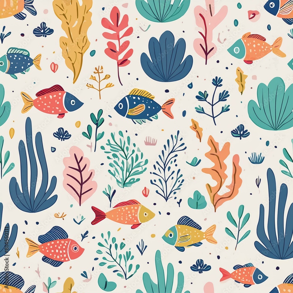 a pattern showcasing underwater marine life, including fish, coral, and seaweed, with a harmonious blend of blues and greens. a pattern showcasing underwater marine life, including fish, coral, and seaweed, with a harmonious blend of blues and greens.