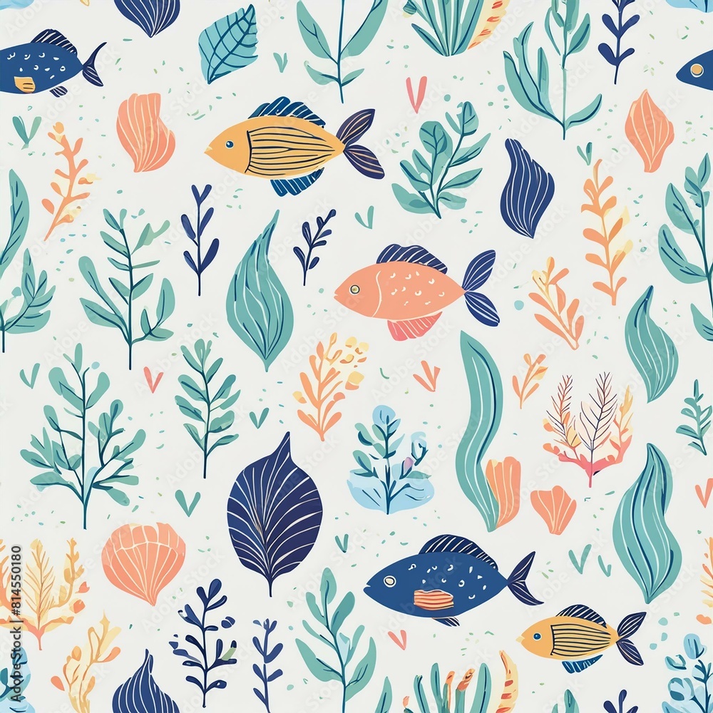 Obraz premium a pattern showcasing underwater marine life, including fish, coral, and seaweed, with a harmonious blend of blues and greens.