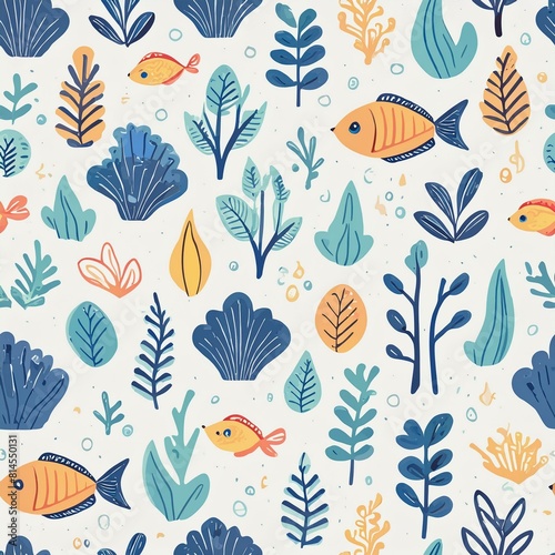 a pattern showcasing underwater marine life  including fish  coral  and seaweed  with a harmonious blend of blues and greens.