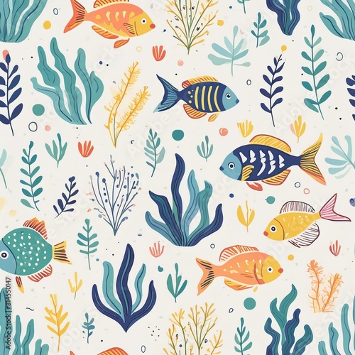 a pattern showcasing underwater marine life  including fish  coral  and seaweed  with a harmonious blend of blues and greens.