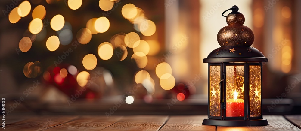 A festive Christmas lantern adorns the table surrounded by holiday decorations creating a beautiful ambiance with its warm glow Copy space image A festive Christmas lantern adorns the table surrounded by holiday decorations creating a beautiful ambiance with its warm glow Copy space image