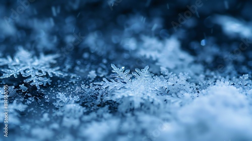 Delicate ice crystals sparkle and shine against a deep blue background.