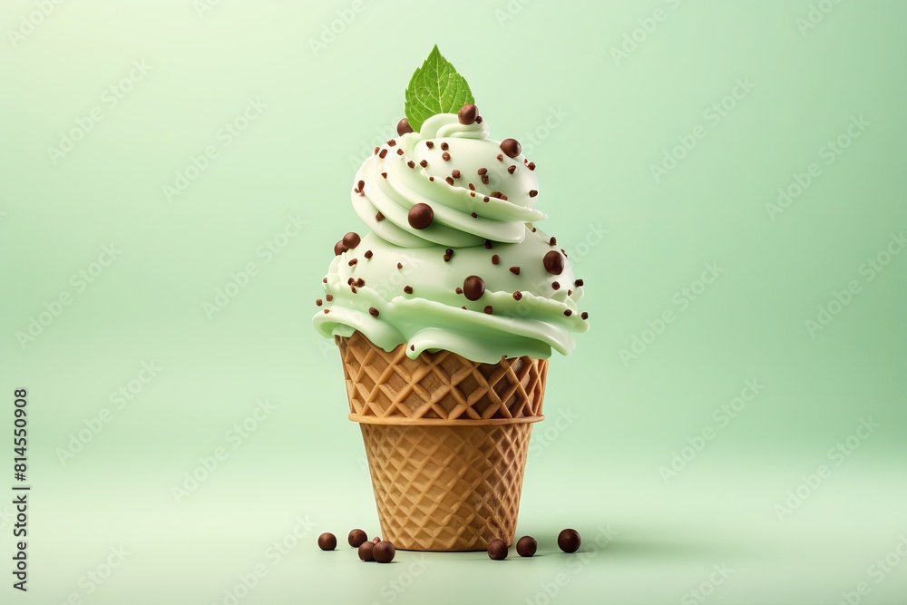 A delicious mint chocolate chip ice cream cone isolated on a pastel green background. A delicious mint chocolate chip ice cream cone isolated on a pastel green background.