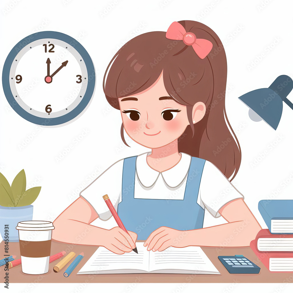 Girl writes in notebook. Concept of schooling, literacy. Female character doing school homework Girl writes in notebook. Concept of schooling, literacy. Female character doing school homework