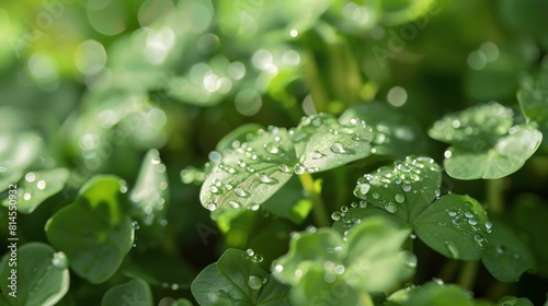 Fresh green leaves with water drops close up. Natural green background with copy space.