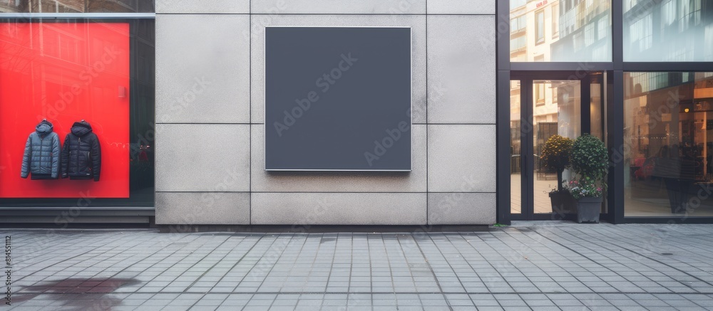 A promotional sign with copy space image is positioned outdoors by the clothing store A promotional sign with copy space image is positioned outdoors by the clothing store