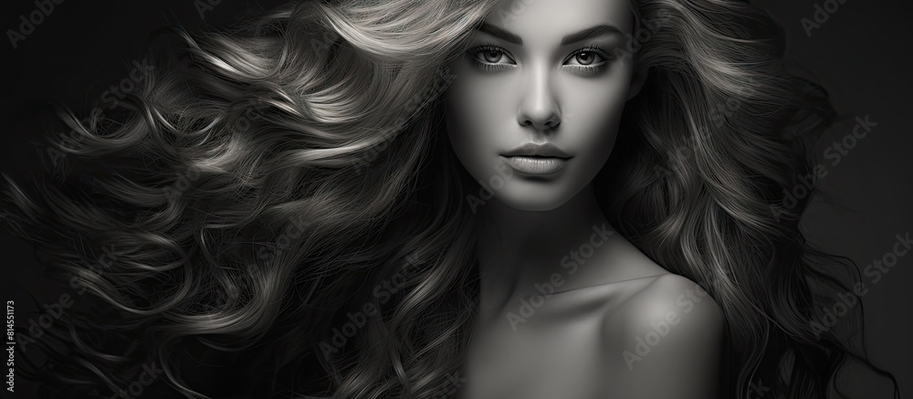 The beautiful model girl poses with subtle makeup and long healthy wavy hair in a black and white portrait with a cropped view The image highlights hair care and styling products The beautiful model girl poses with subtle makeup and long healthy wavy hair in a black and white portrait with a cropped view The image highlights hair care and styling products