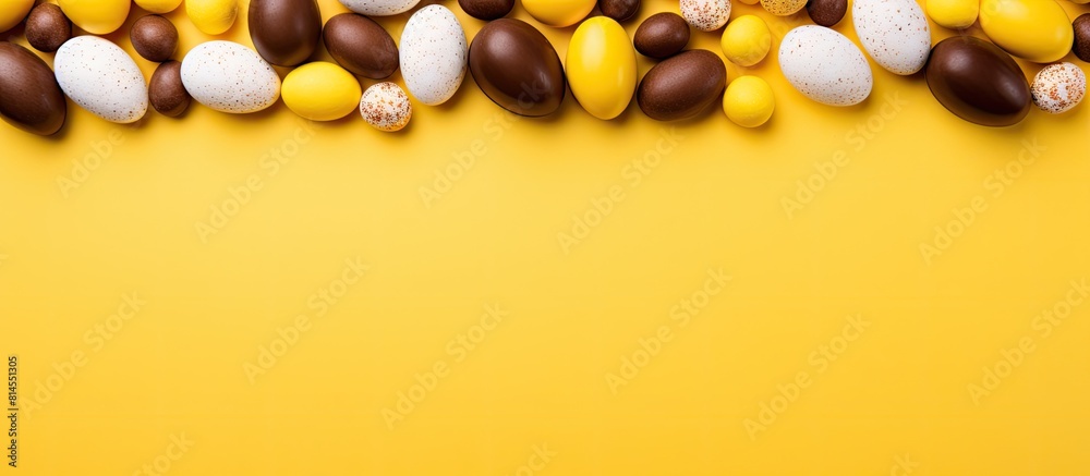A flat lay view of a frame containing a chocolate egg and candies on a vibrant yellow background leaving space for text. with copy space image. Place for adding text or design A flat lay view of a frame containing a chocolate egg and candies on a vibrant yellow background leaving space for text. with copy space image. Place for adding text or design