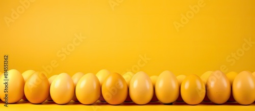 Brightly colored Easter eggs against a vibrant yellow backdrop creating room for captions or messages Copy space image