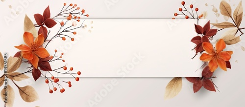 A fall themed invitation card with autumn leaves surrounded by an environment and various details is presented in a mockup with a white background featuring a postcard adorned with flowers and a ribb photo