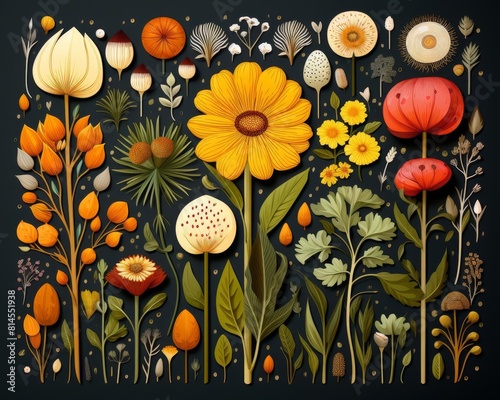 A variety of flowers and plants on a dark background.