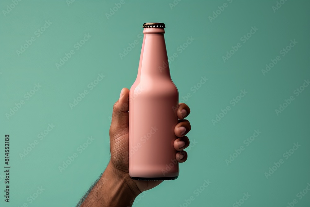Close-up of a hand holding a bottle of strawberry milk against a green background. Close-up of a hand holding a bottle of strawberry milk against a green background.