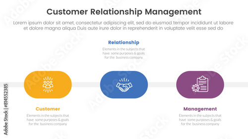 CRM customer relationship management infographic 3 point stage template with round shape timeline horizontal for slide presentation