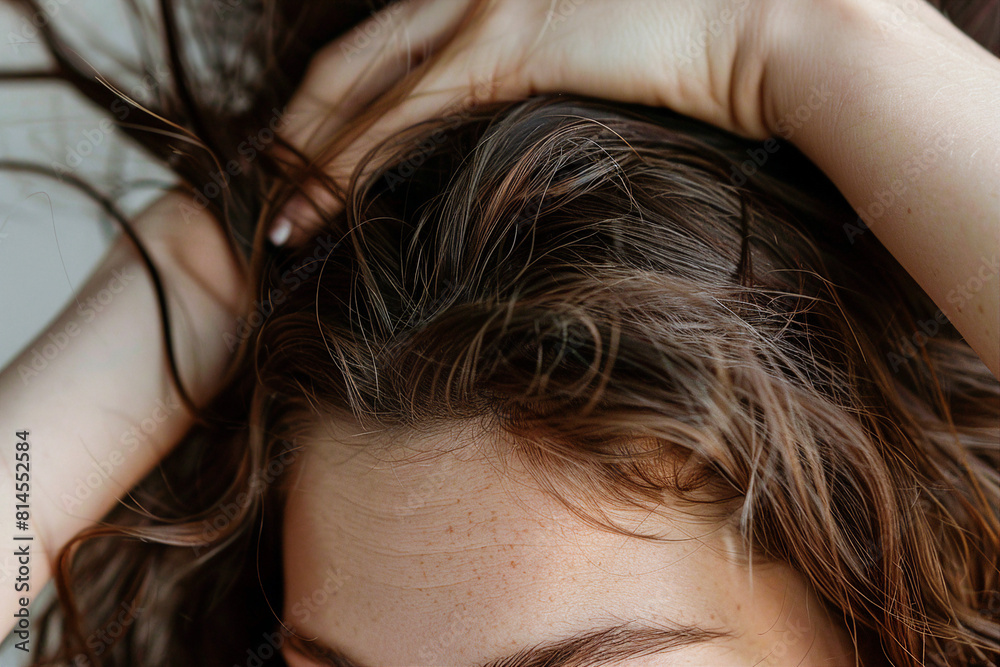 Close up image of hands touch hair created with generative ai concept Close up image of hands touch hair created with generative ai concept