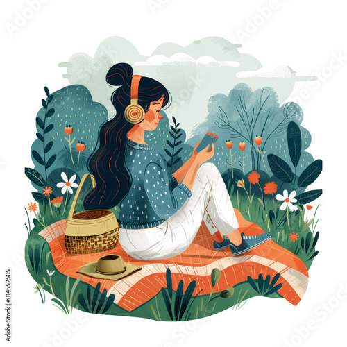 Young Woman Enjoying a Relaxing Summer Day with a Picnic and Smartphone in a Lush Garden