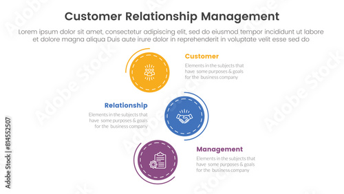 CRM customer relationship management infographic 3 point stage template with vertical stack circle direction for slide presentation