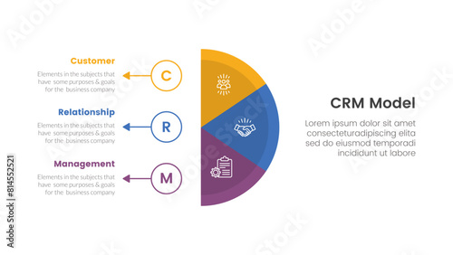 CRM customer relationship management infographic 3 point stage template with vertical half circle with outline circle and arrow for slide presentation