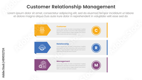 CRM customer relationship management infographic 3 point stage template with big rectangle stack with arrow badge on side for slide presentation