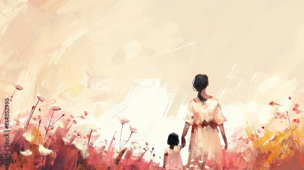 A mother and child stroll through a flower-filled field A mother and child stroll through a flower-filled field