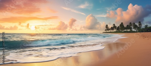 A serene tropical beach scene with soft sandy shores a vibrant sunset sky and abstract cloud formations creates the perfect copy space image It exudes the essence of a summer vacation adventure offer