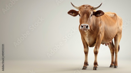 This image shows a brown cow standing on a white background. The cow is looking at the camera. The cow is brown and white, with a large udder. photo