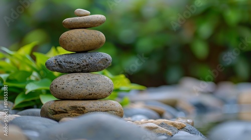 A smooth pebble stack in a zen garden symbolizing earth with a simple