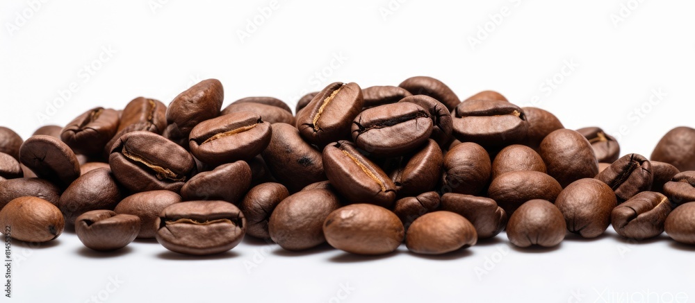 A close up view of roasted arabica coffee beans with a dark brown color set against a white background Ideal for copy space images A close up view of roasted arabica coffee beans with a dark brown color set against a white background Ideal for copy space images