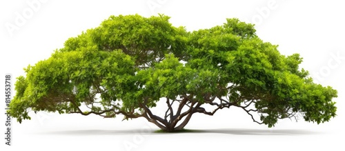 A tropical tree with lush green foliage branches against a clean white background perfect for a copy space image